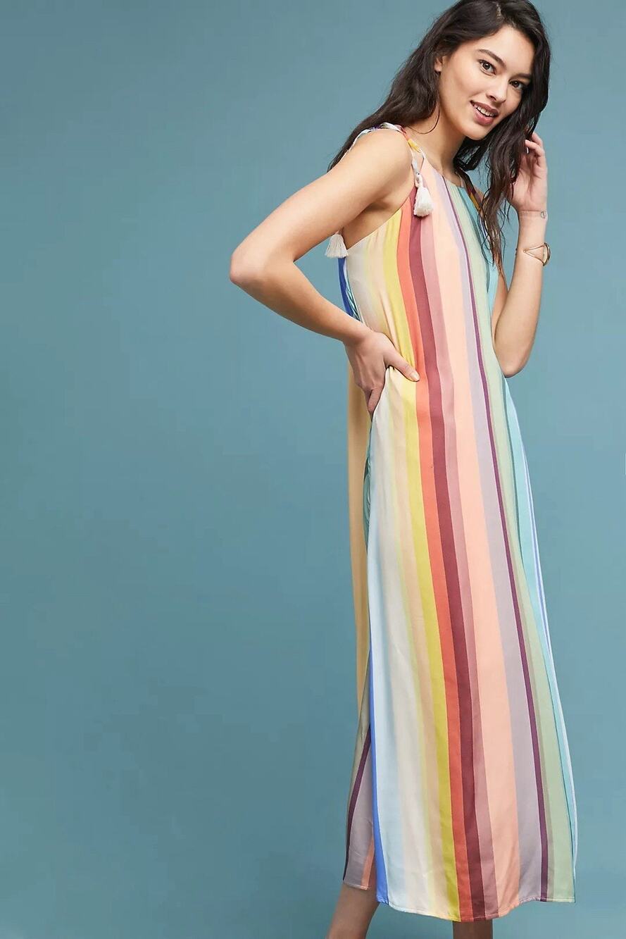 Farm Rio Anthropologie Rainbow Striped Maxi Dress Size XS Vacation Boho Flowy